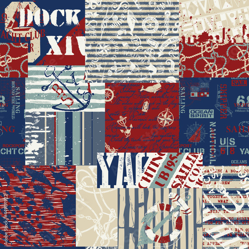 Vintage nautical style marine sailing elements patchwork grunge vector seamless pattern 