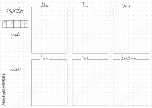 Printable A4 paper sheet, minimalist  bullet journal page with blank week planner, goals, events. Stylish planner for daily planner template, blank for notebook.