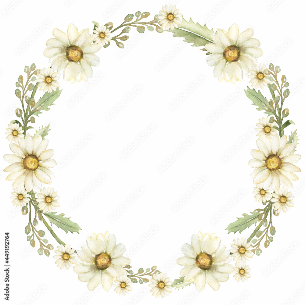 Chamomile Clipart, Watercolor Vintage Daisy Wreath Clip art, Rustic Meadow Floral Bouquet, Wildflowers Frame, Wedding Invitation, Logo