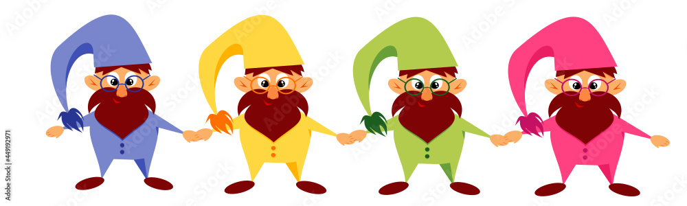 Fototapeta premium A set of gnomes. Vector illustration of cute gnomes with caps and glasses. Children's illustration of gnomes in bright clothes holding hands. A set of bearded gnomes. Isolated