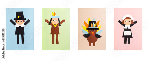 paper craft for kids. DIY turkey, american woman, man and indian native american made for thanksgiving day. create art for children