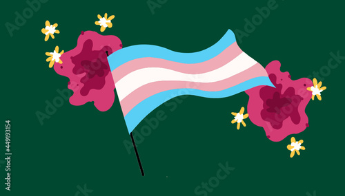 Vector Illustration of a Transgender Pride Flag blowing in the wind. In the background are colorful flowers.	