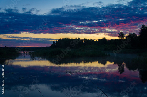 Beautiful calm purple landscape at the sunset of the lake © Payllik