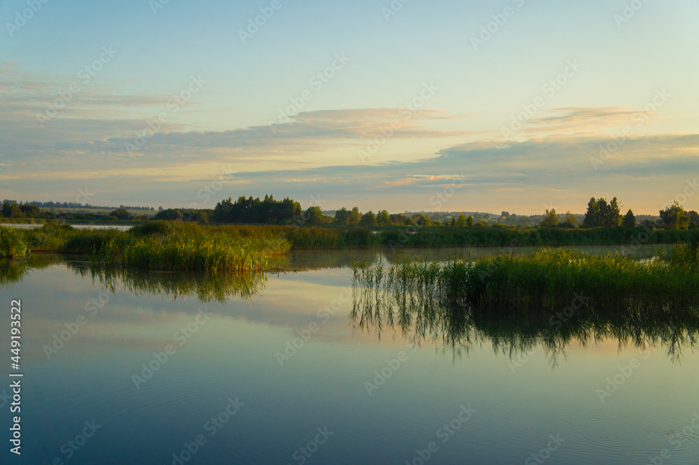 Beautiful calm golden landscape at the sunset of the lake