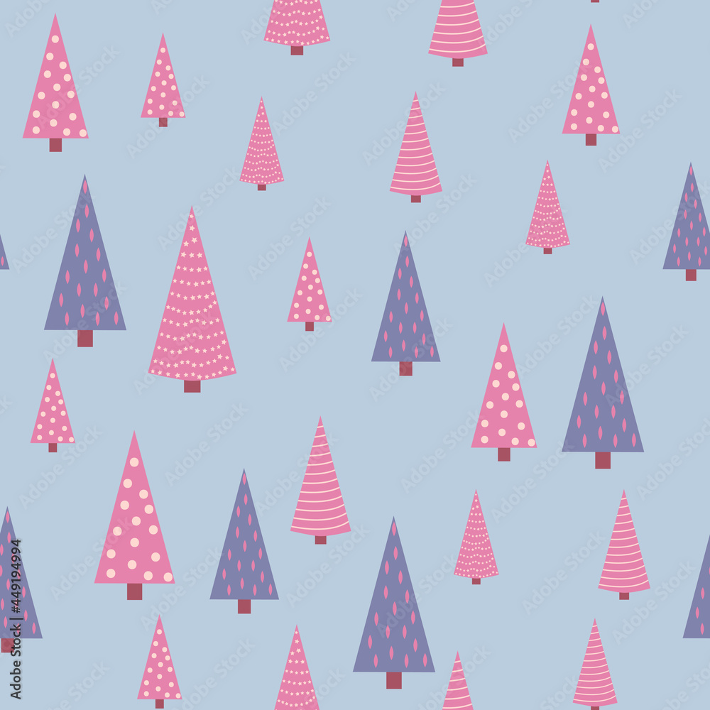 Seamless repeating pattern with textured Christmas trees in black, pastel pink, light blue