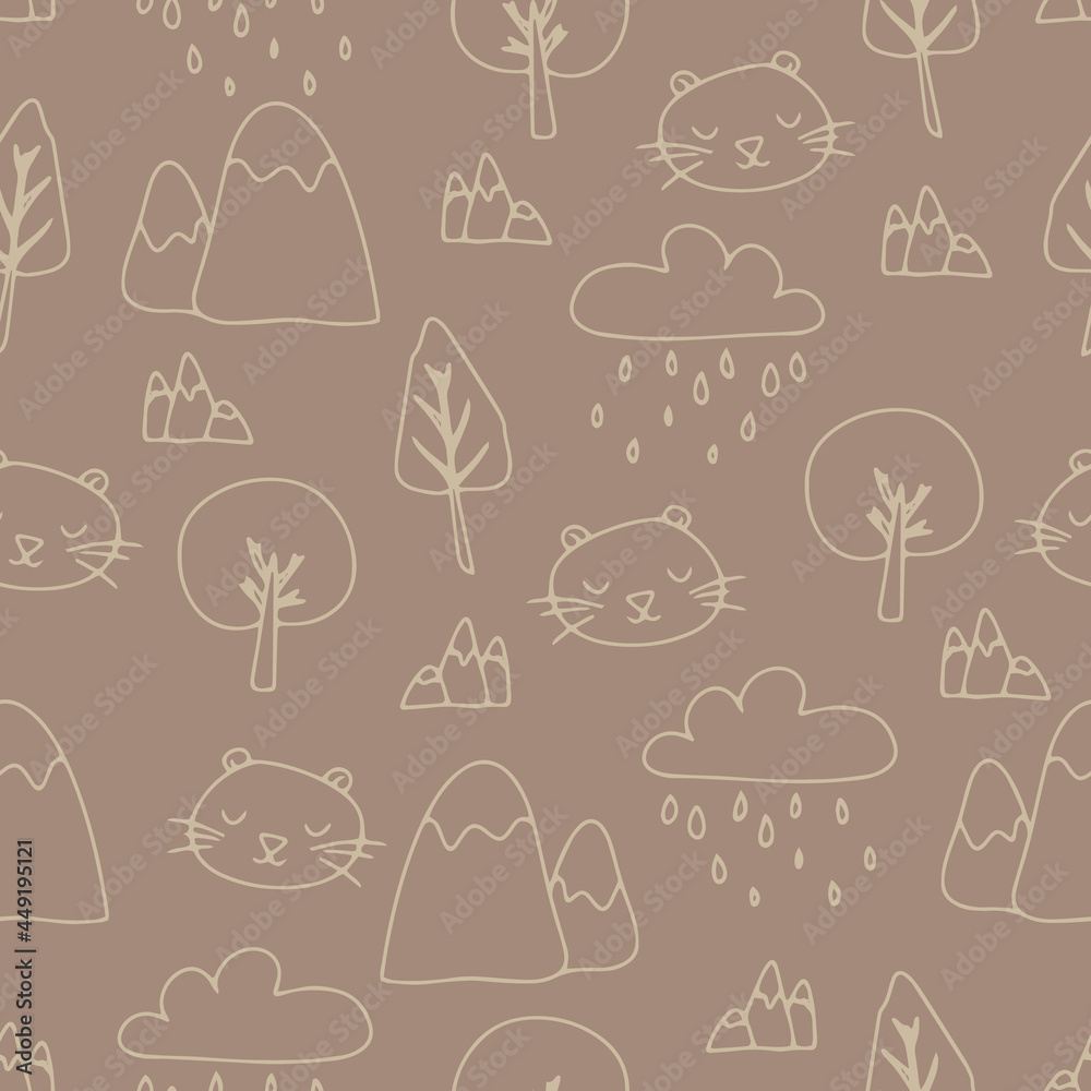 Seamless pattern in Scandinavian style, hand-drawn in doodle style, cute children's pattern, hand-drawn cartoon style, mountains and trees, hygge, cozy pattern, vector illustration, Print