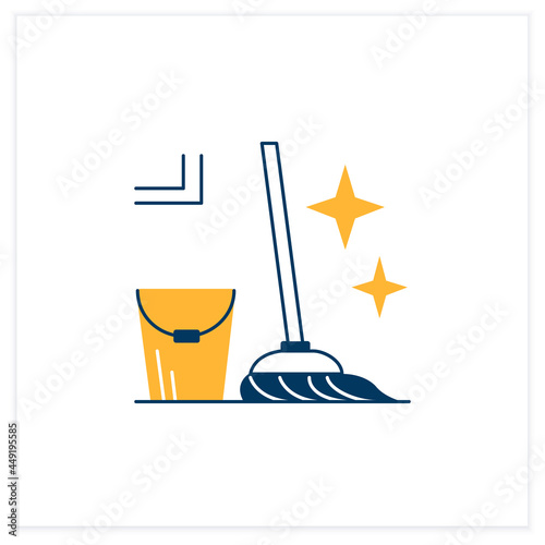 Mopping flat icon. Bucket and mop sparkling with tidiness linear pictogram. Concept of floor cleaning, house maintenance service and tidy household.Vector illustration