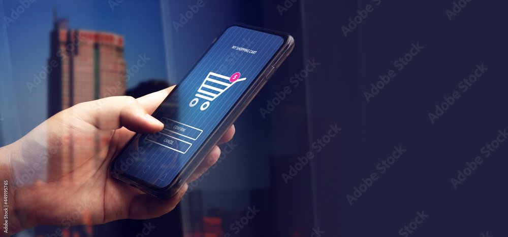 Obraz premium man use smartphone for online shopping market, internet marketing, network of e-commerce