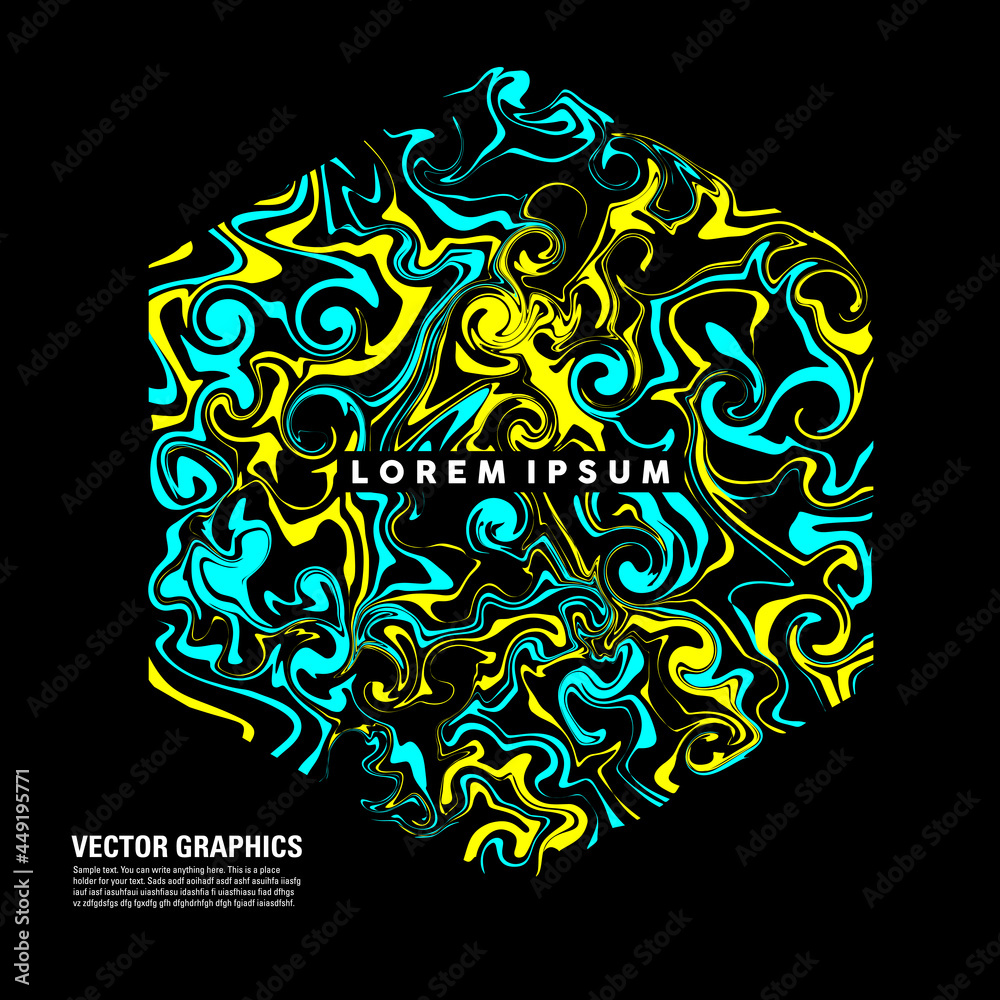 Abstract fluid art hexagon shape with mixed light blue and yellow paint. Vector illustration