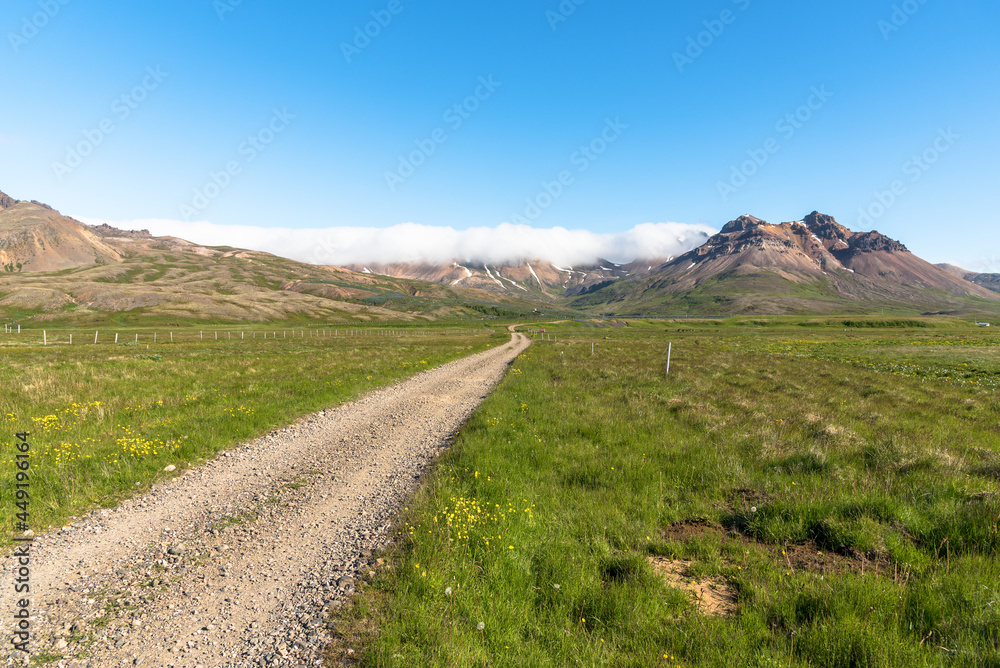 Deserted rough road through a meadow leading to  the mountains in Iceland on a clear summer day