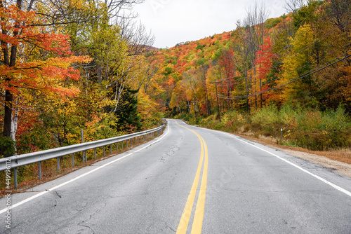 Deserted mountain road through a colourful deciduous forest at the peak of fall foliage on a cloudy autumn day