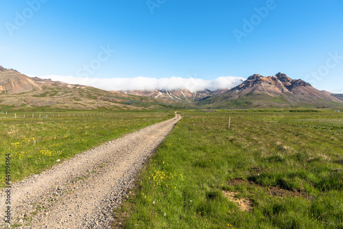 Deserted rough road through a meadow leading to the mountains in Iceland on a clear summer day