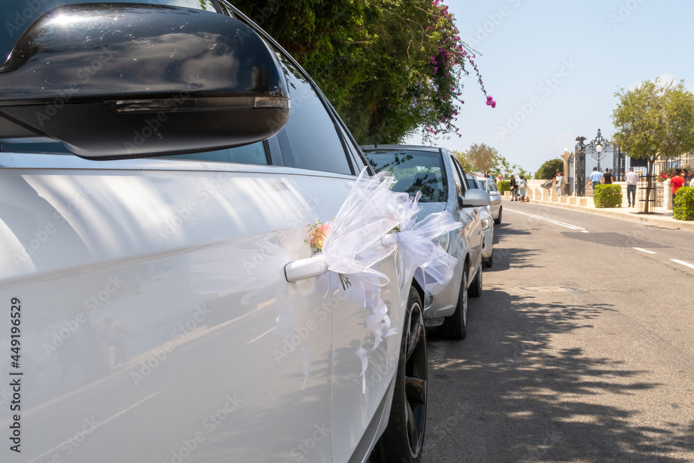 A car decorated for a wedding stands on the Louis Promenade on Yafe Nof Street, on Mount Carmel in Haifa, in northern Israel