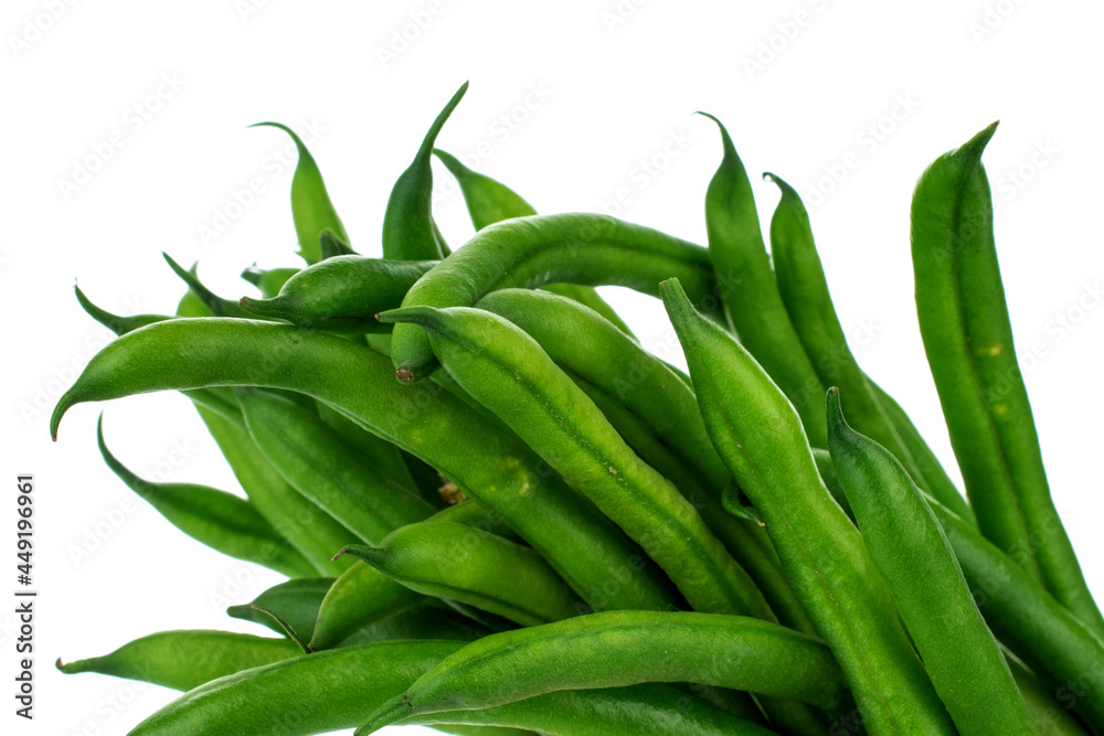 Fototapeta premium Several ripe green beans, close-up, isolated on white.
