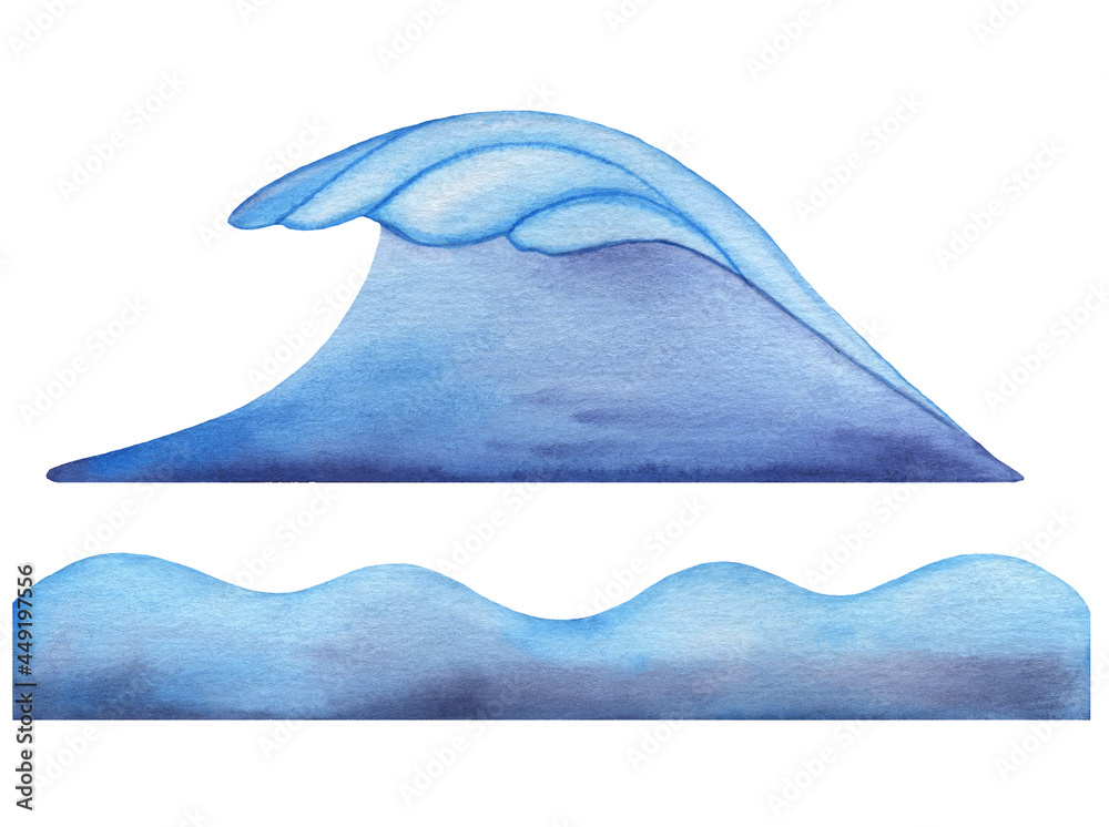 Watercolor Abstract Blue Wave, hand painted illustration