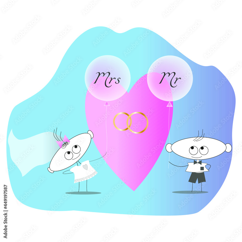 Vector image of the bride and groom for the design of wedding ceremonies. Comic drawing. Vector image of the bride and groom for the design of wedding ceremonies. Comic drawing.