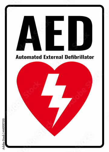 AED sign. White background warning label. Automated External Defibrillator. Symbols safety for hospitals and medical businesses..