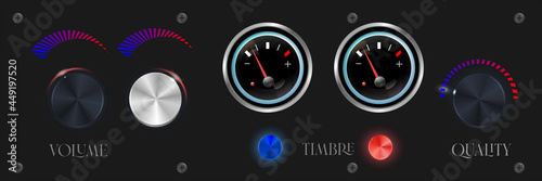 Metal interface buttons collection for power volume playback control vector illustration