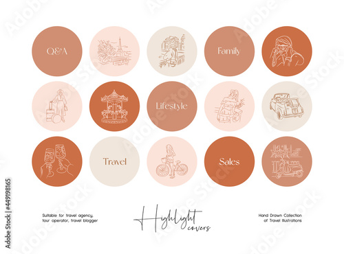 Set of hand drawn line art travel vector illustrations. Vector set design templates icons and emblems for social media story highlight.