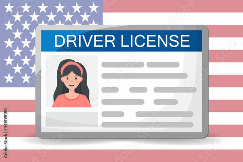 Flat woman driver license plastic card template, id card vector illustration