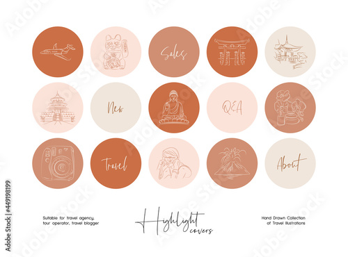 Set of hand drawn line art travel vector illustrations. Vector set design templates icons and emblems for social media story highlight.