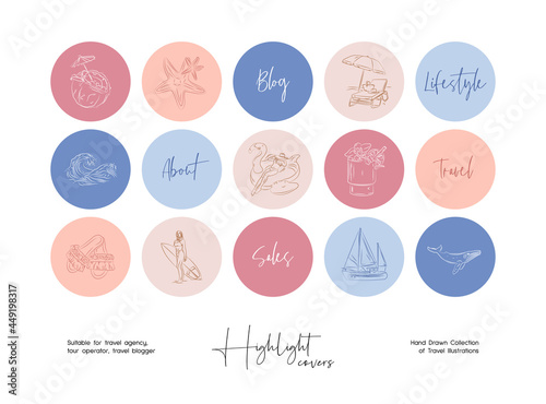 Set of hand drawn line art travel vector illustrations. Vector set design templates icons and emblems for social media story highlight.
