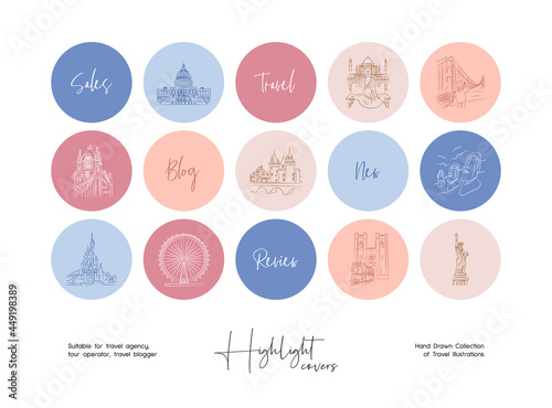 Set of hand drawn line art travel vector illustrations. Vector set design templates icons and emblems for social media story highlight.