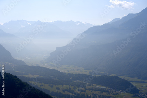 Panoramic view of Haslital  Hasli Valley  from mountain Brienzer Rothorn at Bernese Highland on a beautiful sunny summer day. Photo taken July 21st  Fl  hli  Switzerland.