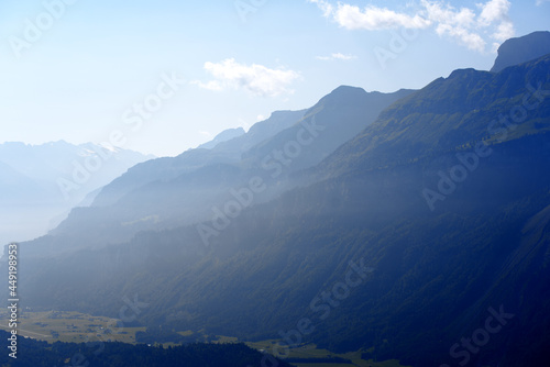 Panoramic view of Haslital (Hasli Valley) from mountain Brienzer Rothorn at Bernese Highland on a beautiful sunny summer day. Photo taken July 21st, Flühli, Switzerland.