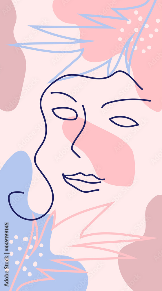 modern poster with illustration of portrait and tropical leaf one line. For wallpaper, posters, textile print, greeting card template, social media post modern poster with illustration of portrait and tropical leaf one line. For wallpaper, posters, textile print, greeting card template, social media post