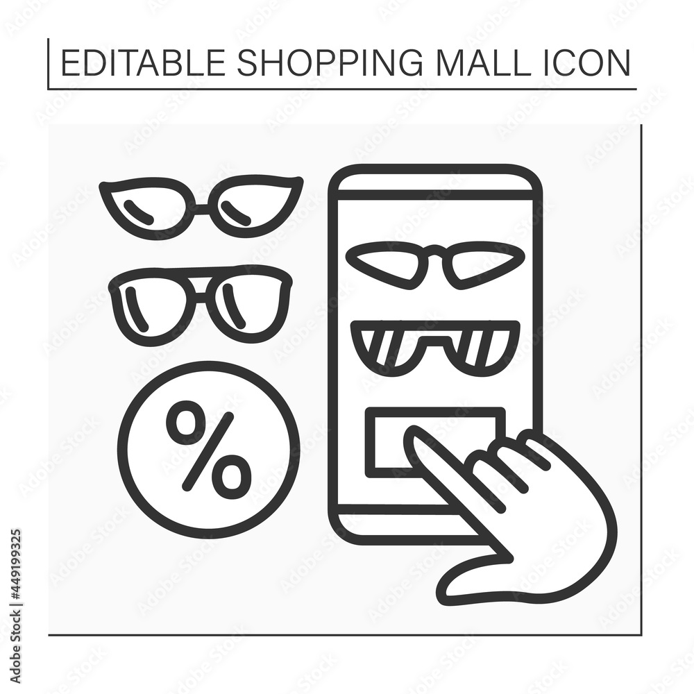 Accessorize line icon. Sunglasses on discount. Online ordering trendy summer accessories. Shopping mall concept. Isolated vector illustration. Editable stroke Accessorize line icon. Sunglasses on discount. Online ordering trendy summer accessories. Shopping mall concept. Isolated vector illustration. Editable stroke