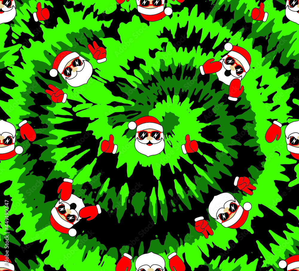 Tie dye blue spiral circle with funny santa faces in sunglasses. Seamless pattern. Christmas vector illustration. Tie dye blue spiral circle with funny santa faces in sunglasses. Seamless pattern. Christmas vector illustration.