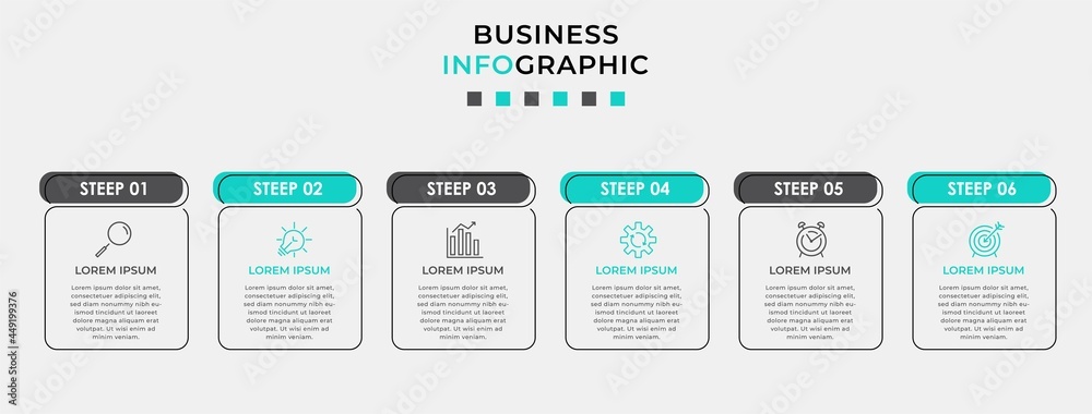 Vector Infographic design business template with icons and 6 options or steps. Can be used for process diagram, presentations, workflow layout, banner, flow chart, info graph