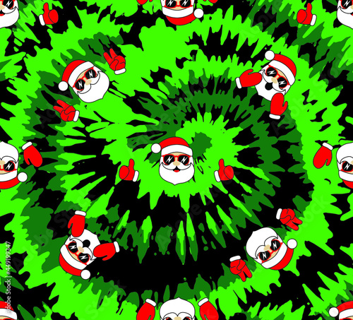 Tie dye blue spiral circle with funny santa faces in sunglasses. Seamless pattern. Christmas vector illustration.