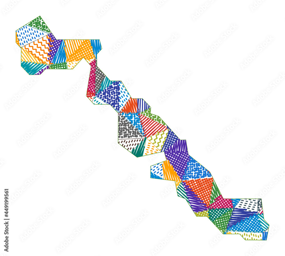 Obraz premium Kid-style map of Musha Cay. Hand-drawn polygons in the shape of Musha Cay. Vector illustration.