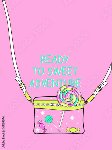Crossbody bag with candys. Print for girls t shirt. Vector illustration.