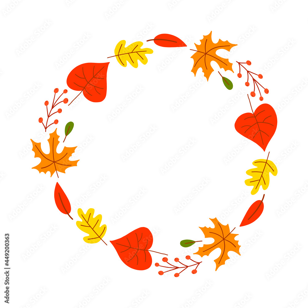 Vector wreath of autumn leaves and fruit in watercolor style. Beautiful round wreath of yellow and red leaves, acorns, berries, cones and branches. Decor for invitations, greeting cards, posters. Vector wreath of autumn leaves and fruit in watercolor style. Beautiful round wreath of yellow and red leaves, acorns, berries, cones and branches. Decor for invitations, greeting cards, posters.