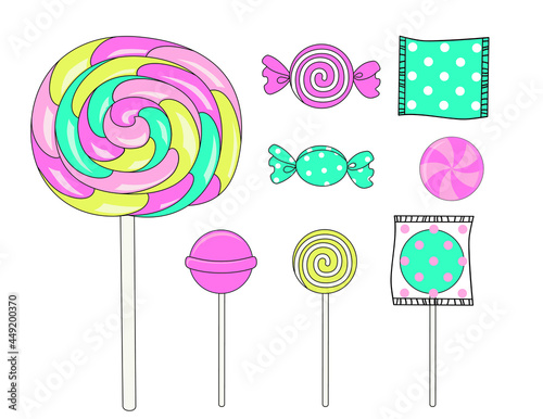 Sweets candies and colorful lollipops set isolated vector illustrations