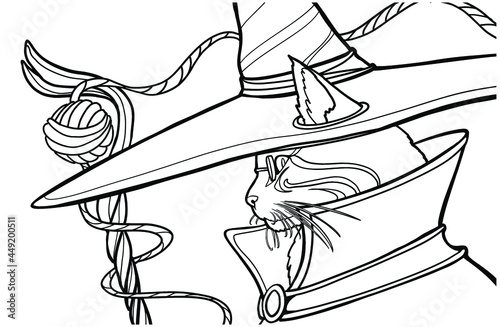 Cute cat magician in a huge pointed wizard hat with ears sticking out of it looks slyly through his round glasses, he is wearing mania, in his hand is a wooden staff with a magic ball at the top, 2d 