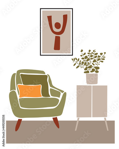 Abstract pattern near the green armchair.Modern boho interior with abstract elements in  cut out style.