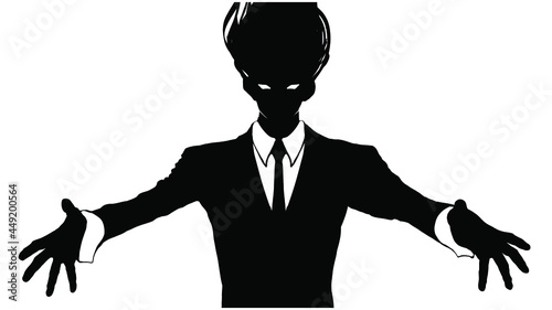 A black silhouette of a magician guy in a jacket and a white shirt with an anime style tie with long hair rising up, he spreads her hands to the sides preparing her 2d spell on a white background
