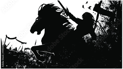 The black silhouette of a female knight rushing into battle with a sword and a flag on a powerful maddened black horse, around her spears crows bloodstains and the madness of battle. 2d illustration 