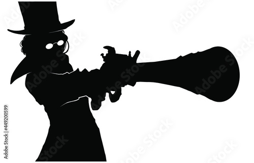 A black silhouette of a woman in a cylindrical hat and brightly glowing white glasses, she pokes a powder pistol directly into the camera in a dynamic video course, ready to shoot. 2d illustration