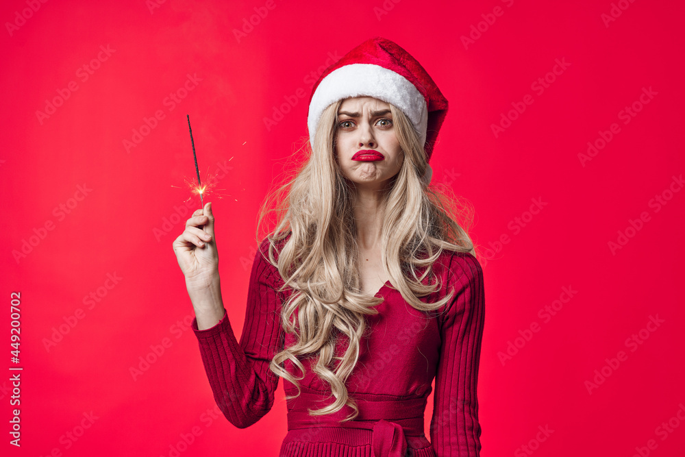 cheerful pretty woman in new year clothes sparklers decoration red background cheerful pretty woman in new year clothes sparklers decoration red background