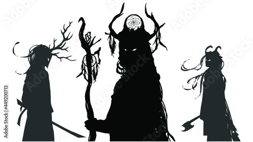 A black silhouette of a sinister trio of shamans from different cultures, their eyes mysteriously glow in the dark, they are dressed in ethnic clothes with masks and horns. 2d art