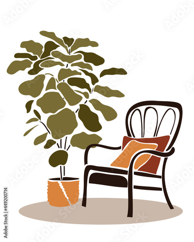 Wicker chair near a large flowerpot.Modern boho interior with abstract elements in  cut out style.