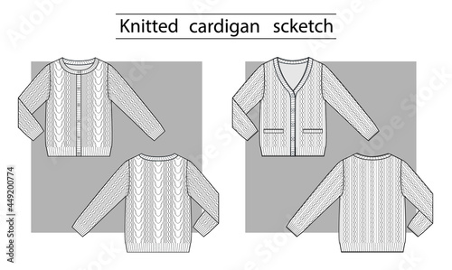 Knitted cardigan v-neck and round-neck with braids. Technical scketch.