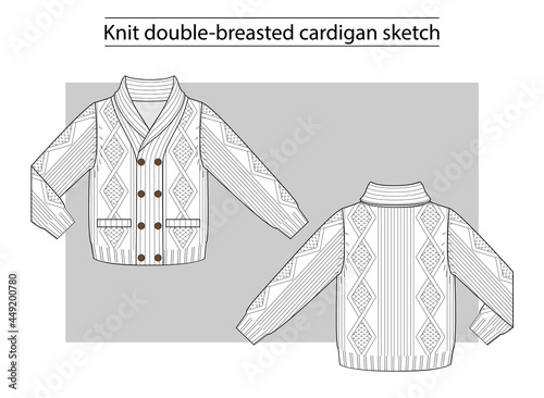 Knitted double-breasted cardigan with braids and shawl collar. Technical scketch.