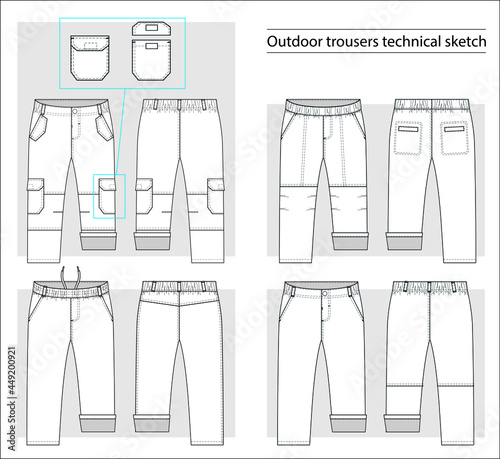 Outdoor trousers collection basic set of technical sketches for kids