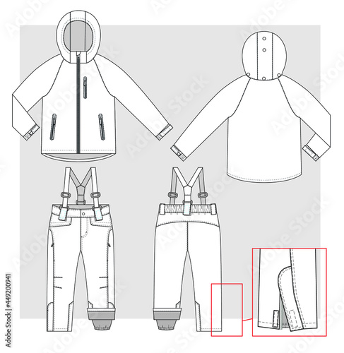 Ski jacket and trousers technical sketch.